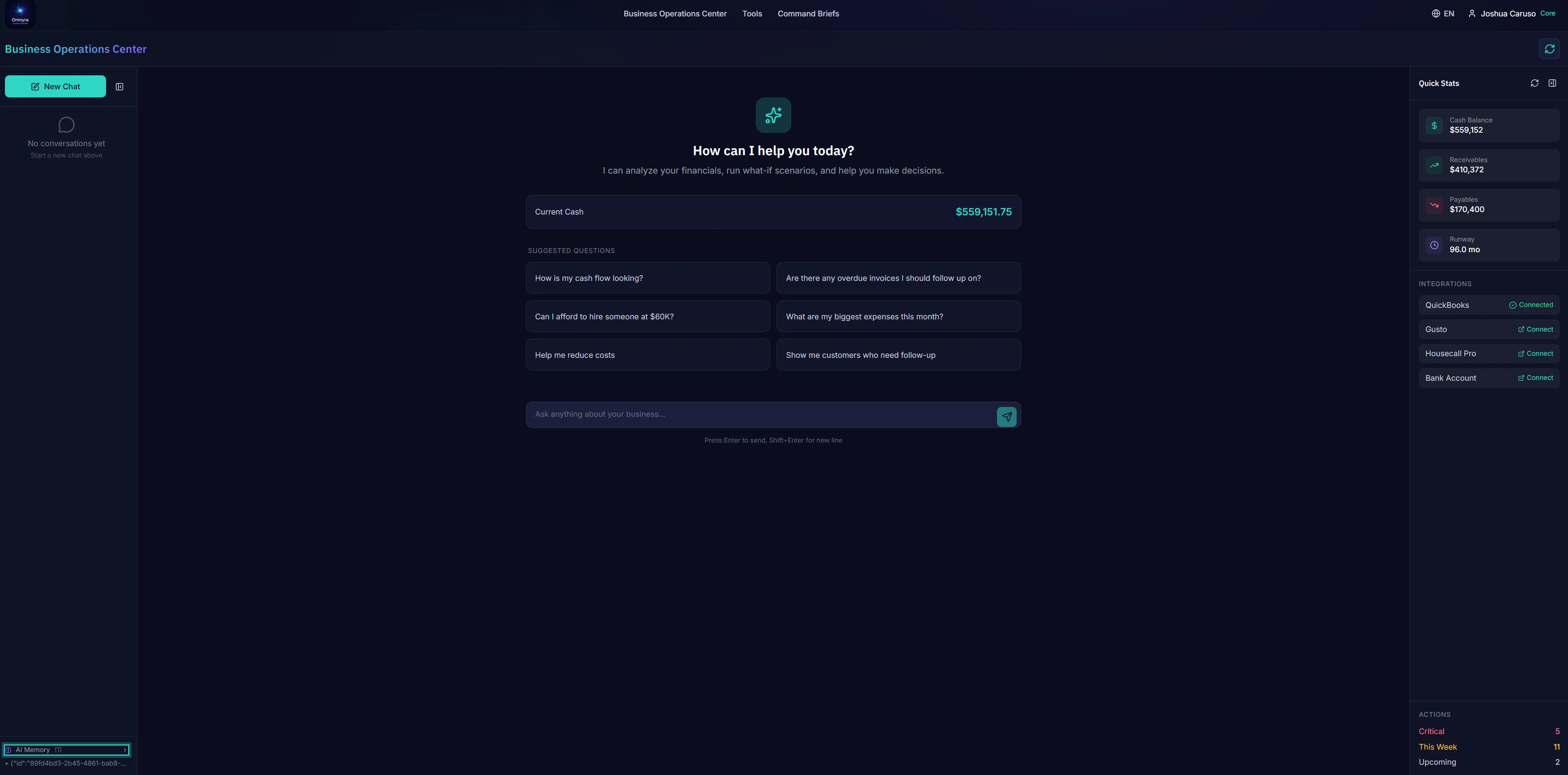 Omnyra Business Operations Center — Dashboard with Quick Stats, Integrations, and AI Chat